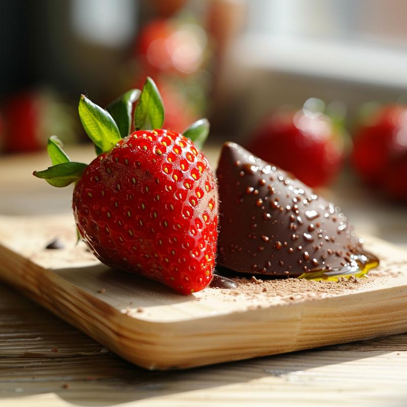 Close-up of a chocolate-covered strawberry on a light wood board.