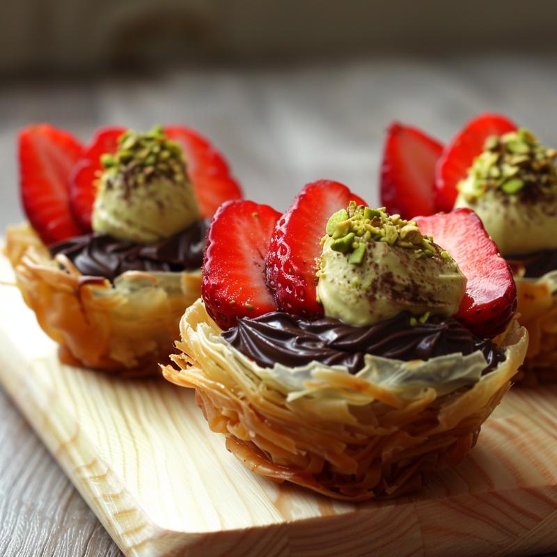 Close-up of a Dubai chocolate strawberry cup featuring visible layers of strawberries, pastry, and chocolate.