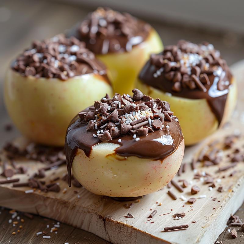 Close-up of a milk chocolate dipped apple slice on a light wood board.