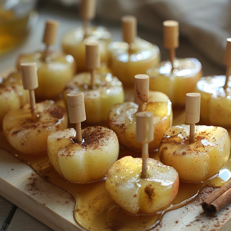Close-up of candy apples with honey on a light wooden board.