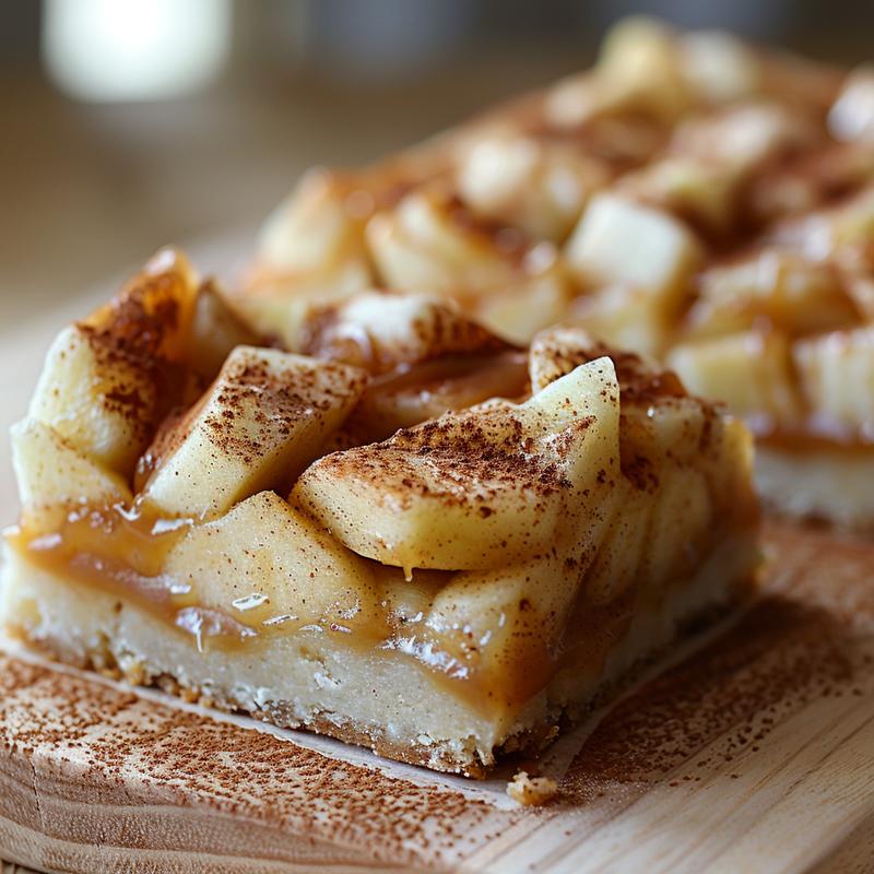 Close-up of caramel apple dessert bar ingredients on light wood.