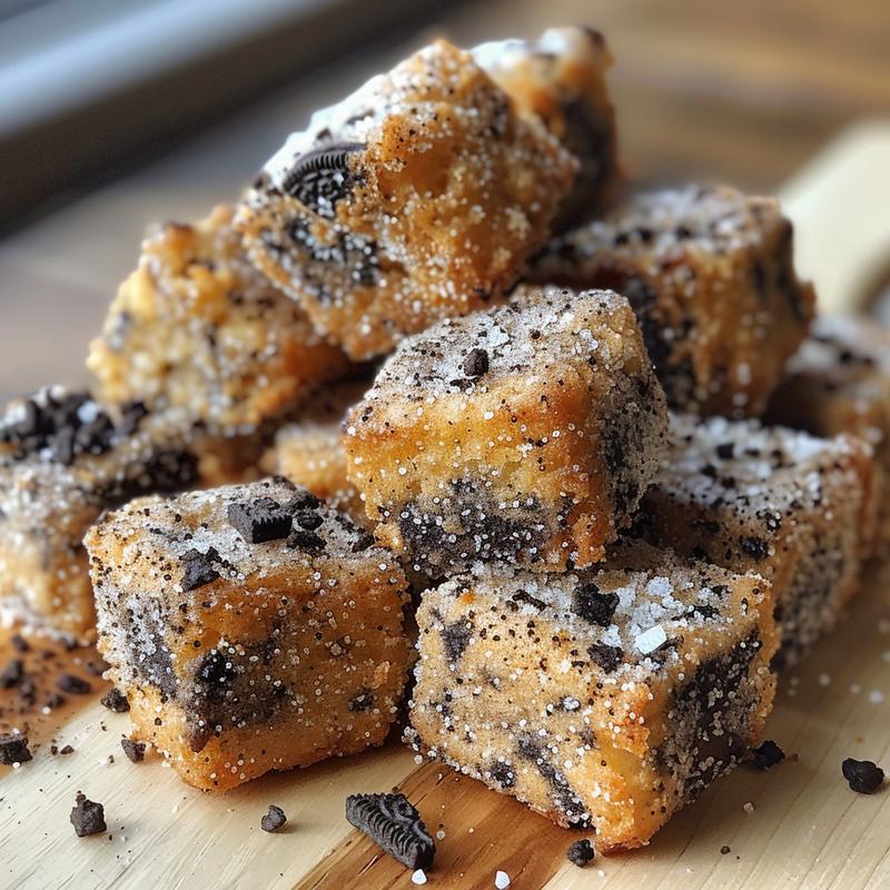 Close-up of Oreo churro bites with Nutella dip on a light wood board.