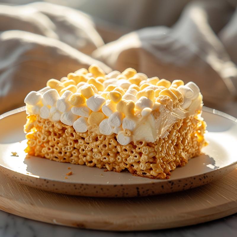 Close-up of a Rice Krispie treat slice on a light wooden board.