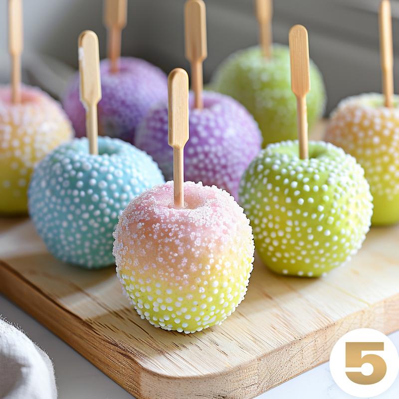 Three pastel-colored candy apples on wooden sticks on a light wood board.