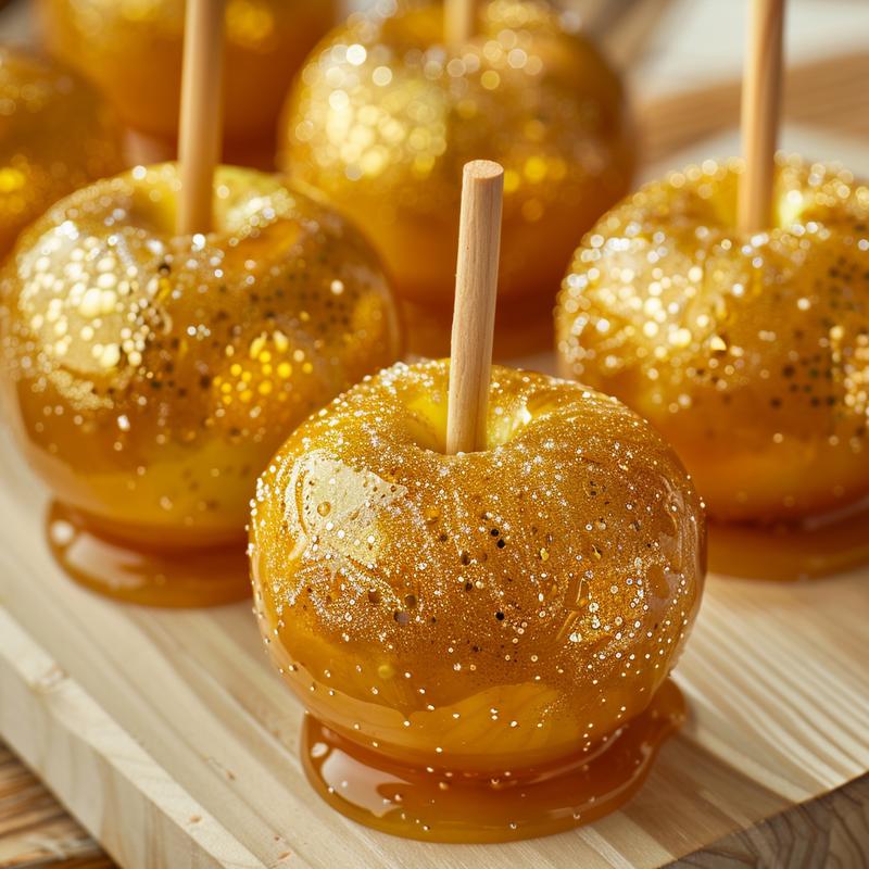 Close-up of a golden candy apple on a light wood board.