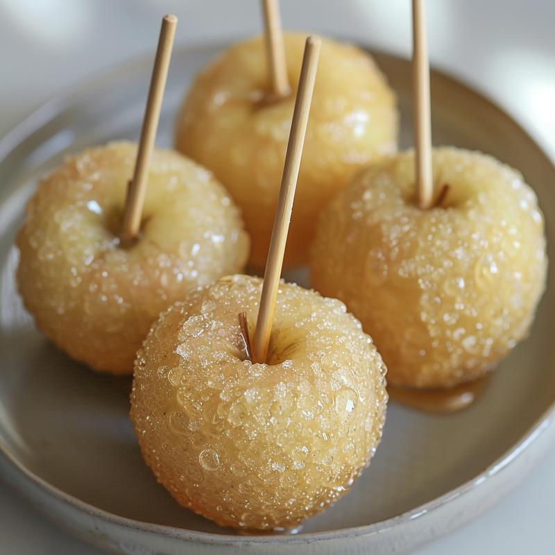 Close-up of a glossy, blue candy apple on a grey plate.