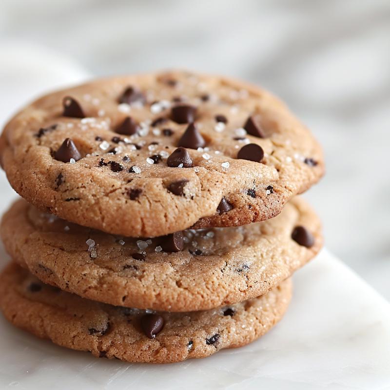 Stack of three chocolate chip cookies on a white marble surface.