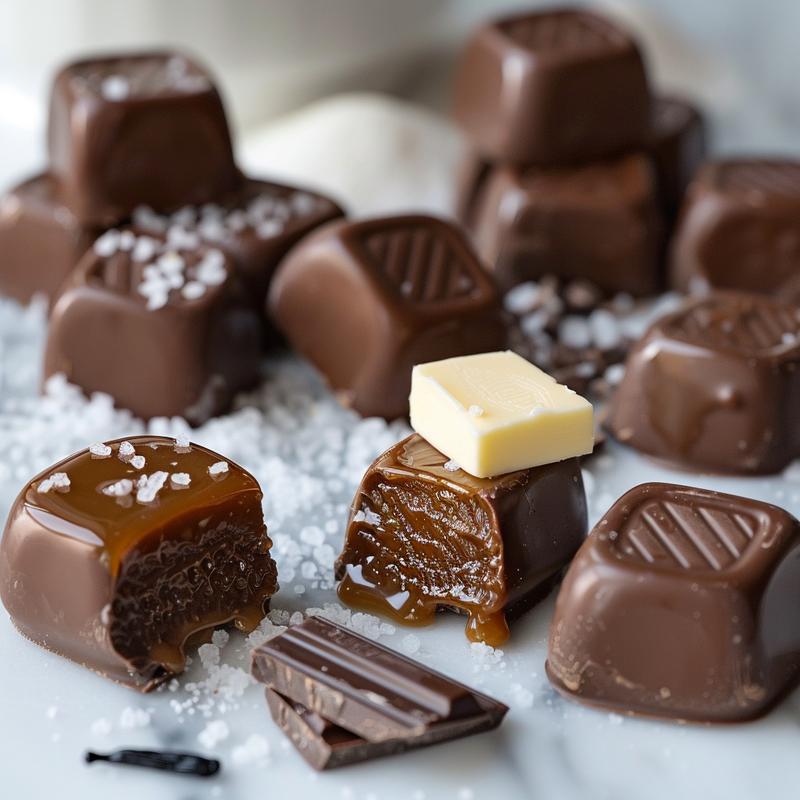 Close up of salted caramel ingredients on marble.