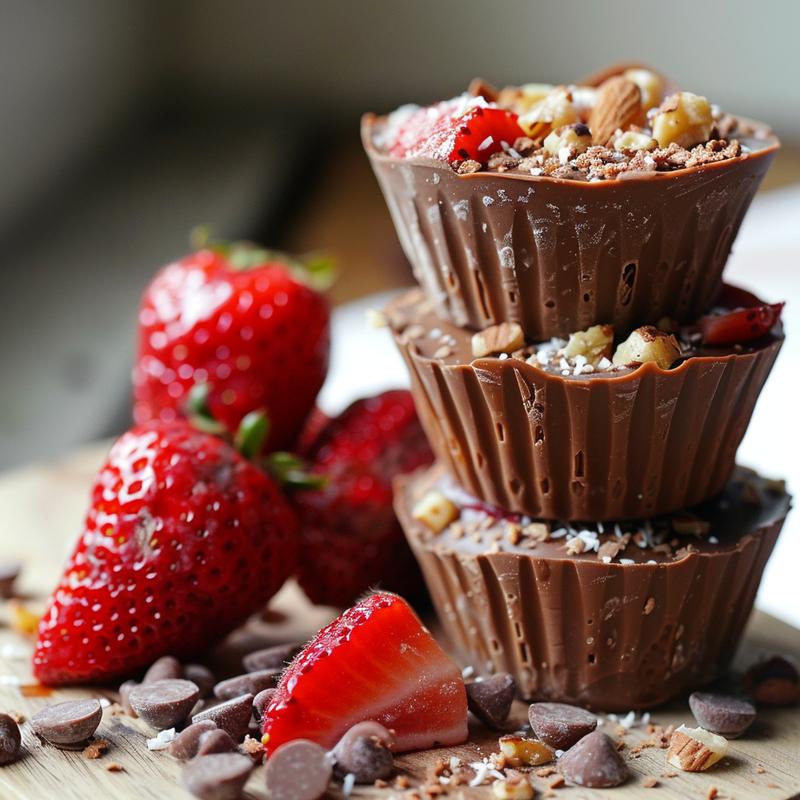 Close-up of chocolate-covered strawberries on a wood board.